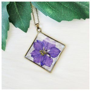 Floral Pendant Necklace Violet Purple Pearl White Pressed Dried Flower Pendant